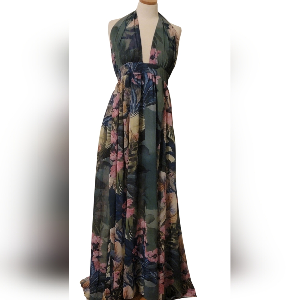 Fashion Nova Tropical Floral Halter Backless Slits Garden Vacation Maxi Dress